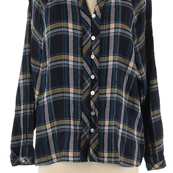 J.Jill Brushed Cotton Modal Blend Bias Trim Plaids Blue Button up Shirt M - Picture 6 of 12